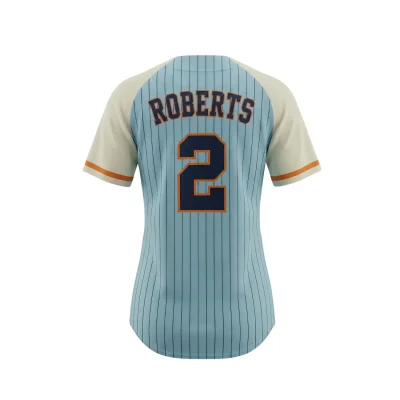 A women's full-button baseball jersey custom sublimated with team graphics on breathable 160G Birdseye Mesh fabric.