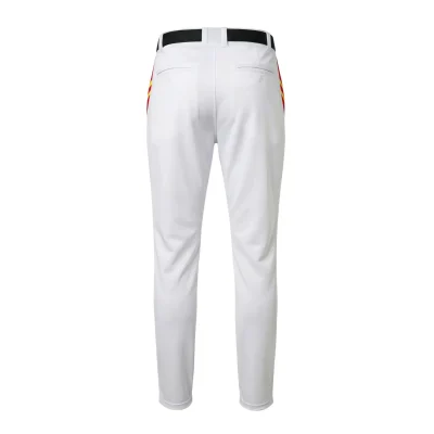 A pair of premium full-length grey baseball pants made from breathable needle eye mesh fabric with contrast side piping.