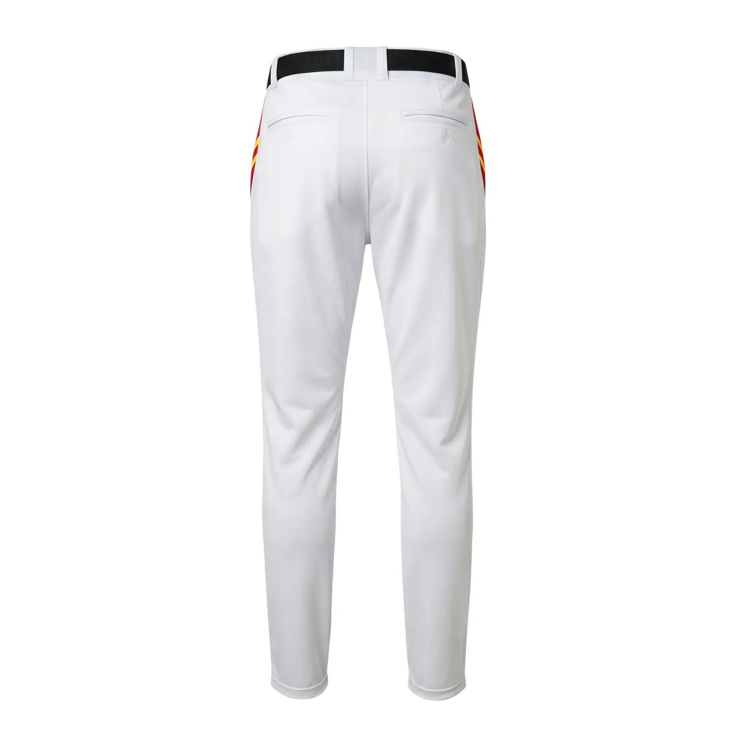 A pair of premium full-length grey baseball pants made from breathable needle eye mesh fabric with contrast side piping.