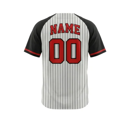 A full-button baseball jersey with vibrant sublimation and professional tackle twill embroidered player name and number on the back.