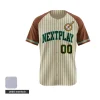 A full-button baseball jersey with vibrant sublimation and unique tackle twill embroidered player name and number on the back, customized per athlete.