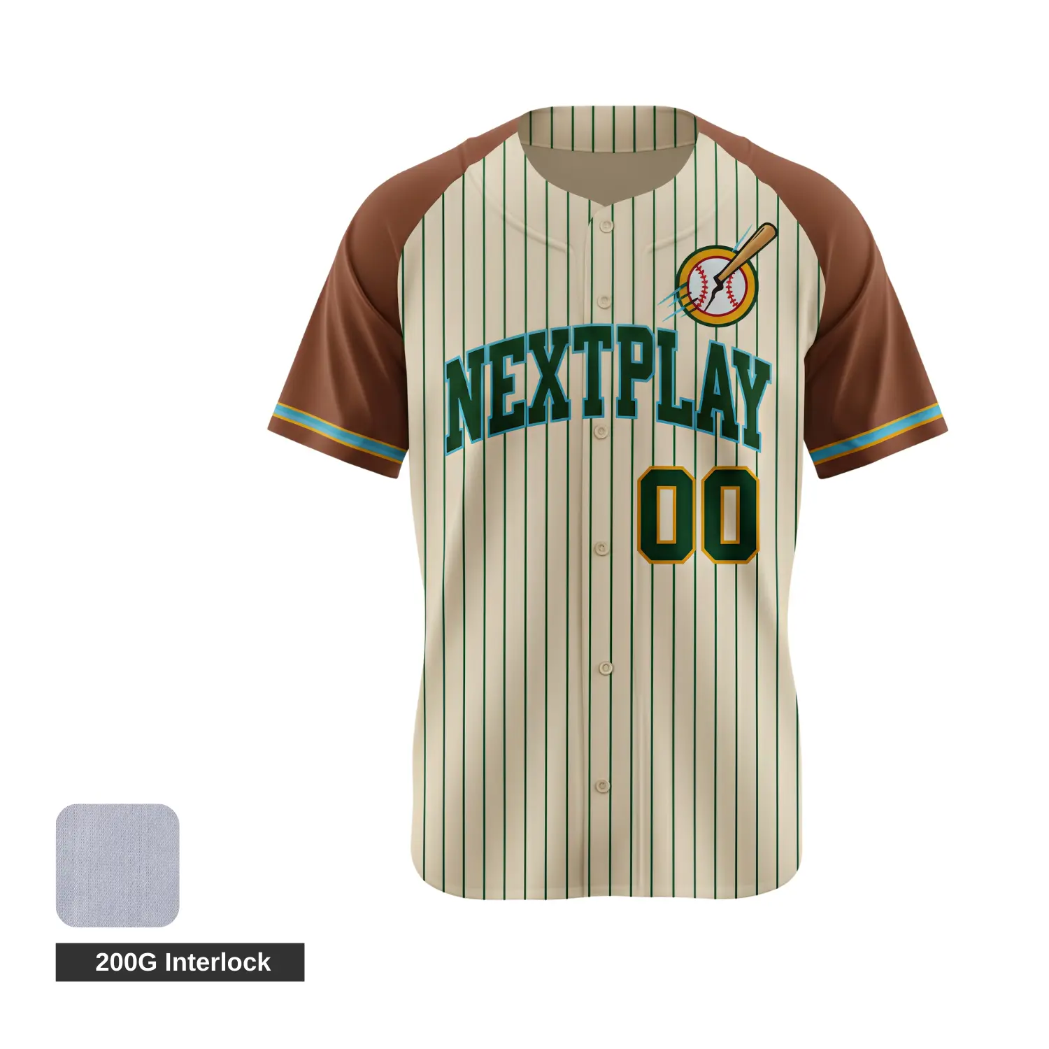 A full-button baseball jersey with vibrant sublimation and unique tackle twill embroidered player name and number on the back, customized per athlete.