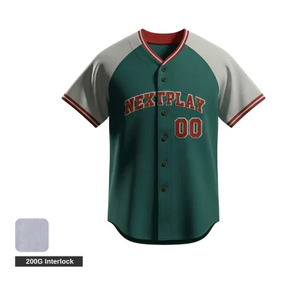 A classic full-button baseball jersey with raglan sleeves, custom sublimated with team graphics on 200G Interlock fabric.