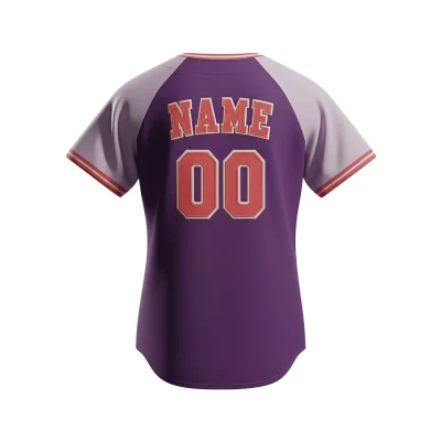 A women's full-button baseball jersey with raglan sleeves, custom sublimated with team graphics, tailored for a female athletic fit