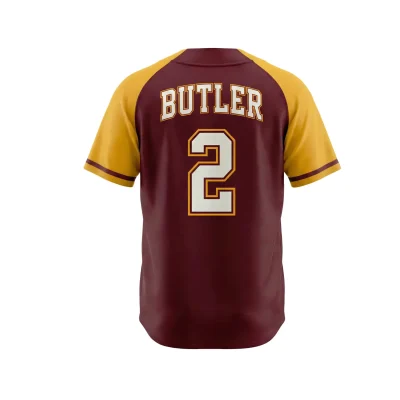 A classic full-button baseball jersey with contrast piping on the placket and sleeves, featuring embroidered team logos.