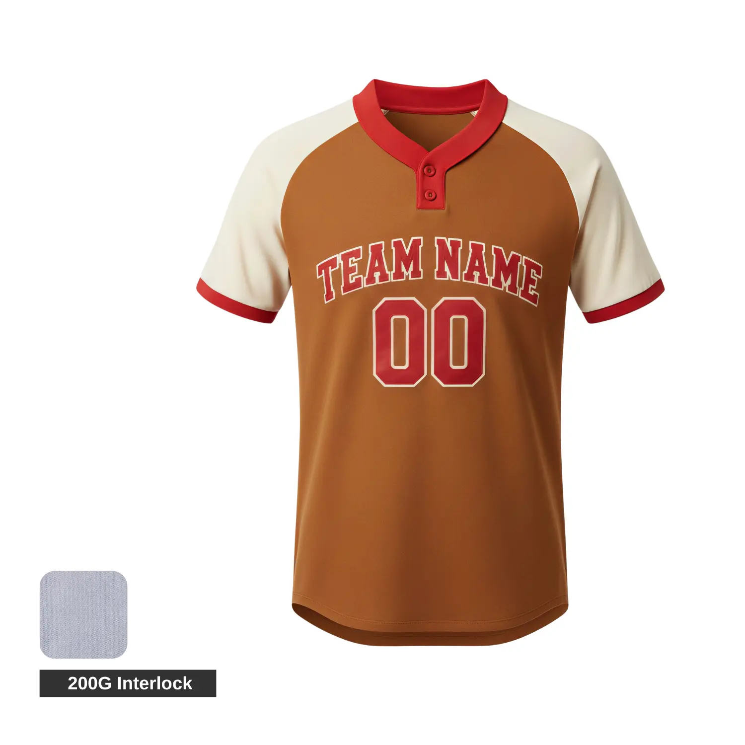 A 2-button baseball jersey with raglan sleeves, fully sublimated with team graphics on durable 200G Interlock fabric.