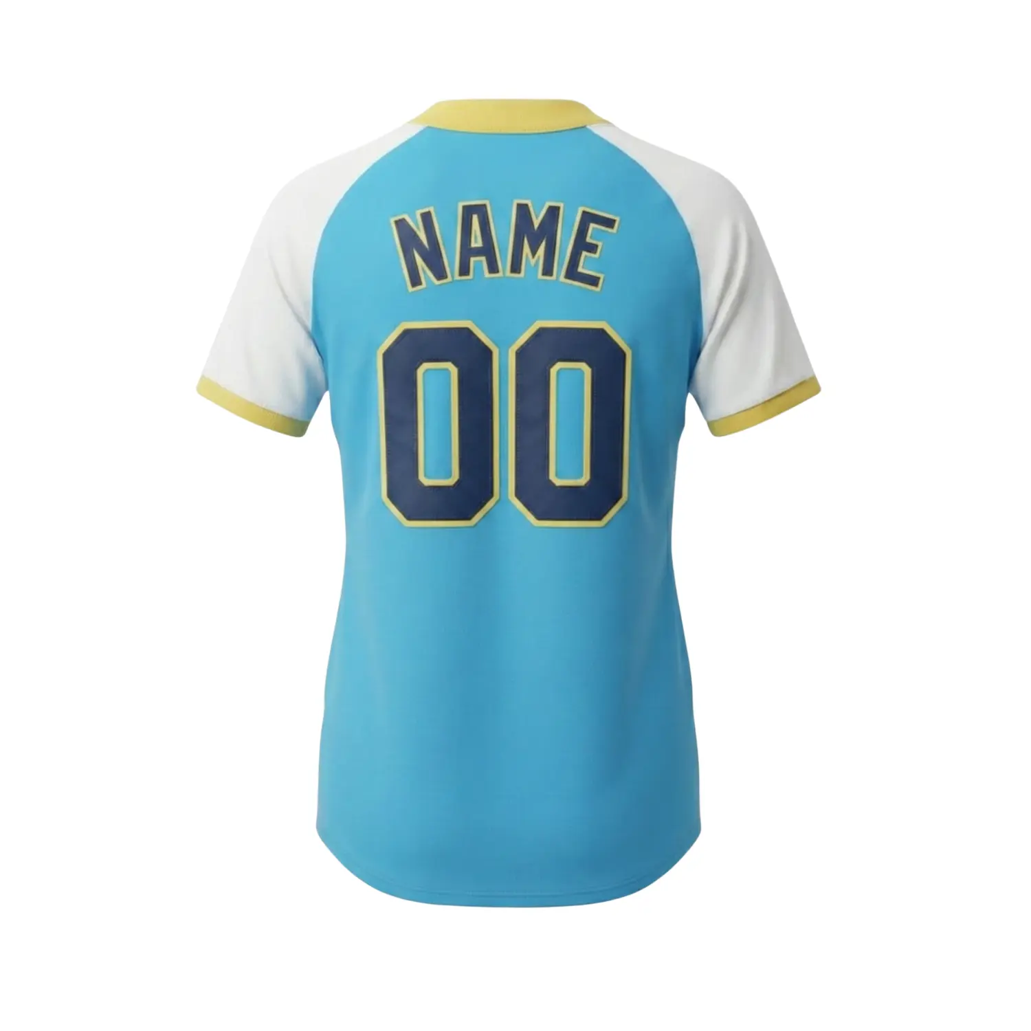 A women's 2-button baseball jersey with a stylish half-open placket and raglan sleeves, fully sublimated with team graphics.