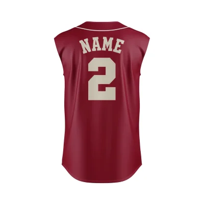 A full-button sleeveless baseball tank jersey, custom sublimated with team graphics on durable 200G Interlock fabric.