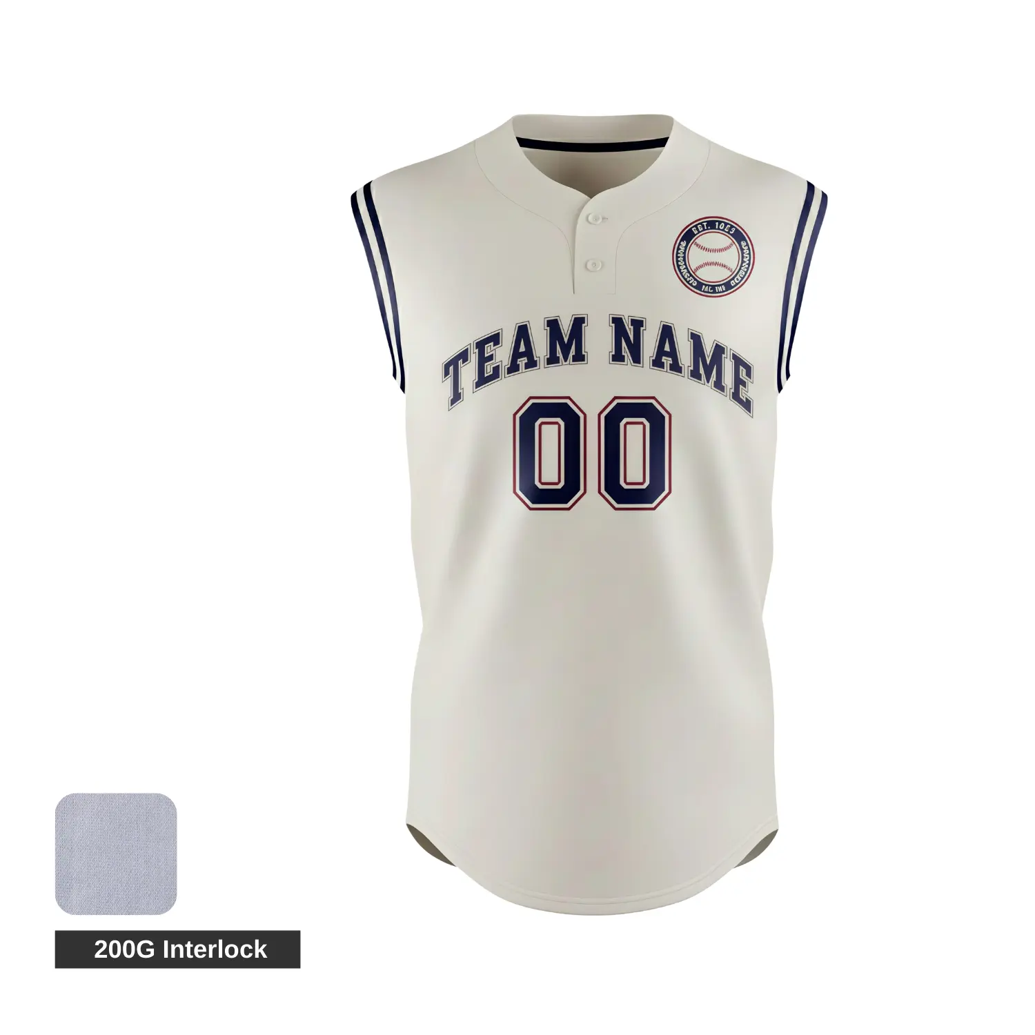 A 2-button sleeveless baseball tank jersey, fully sublimated with team graphics on durable 200G Interlock fabric.