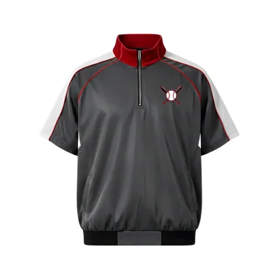 Baseball windbreaker jacket with short sleeves, a quarter zip, and an embroidered team logo on the chest