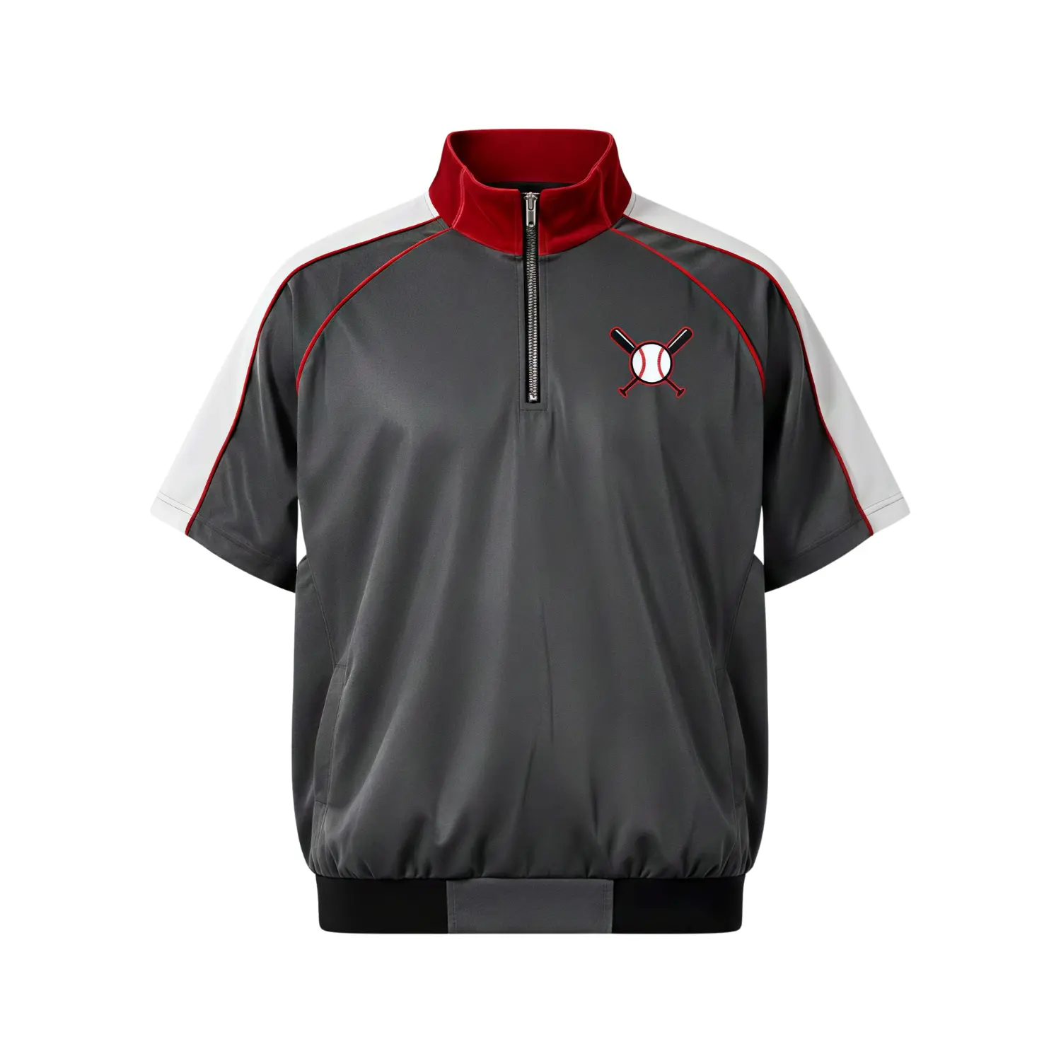 Baseball windbreaker jacket with short sleeves, a quarter zip, and an embroidered team logo on the chest