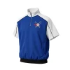 Classic oxford fabric baseball windbreaker with short sleeves, a quarter zip, ribbed collar, and chest embroidery.