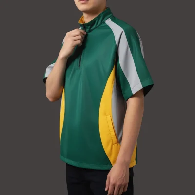 Sleek satin baseball windbreaker with short sleeves, a quarter zip, and an embroidered chest logo