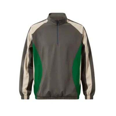 Long sleeve satin baseball windbreaker with a quarter zip, stand collar, and embroidered chest logo