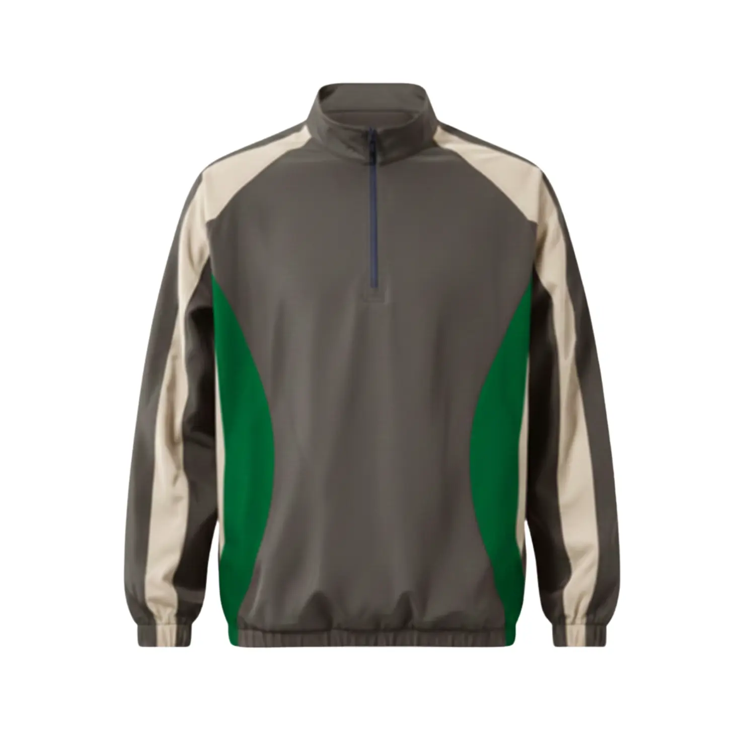 Long sleeve satin baseball windbreaker with a quarter zip, stand collar, and embroidered chest logo