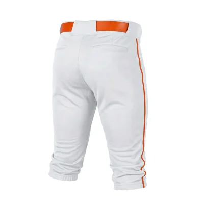 A pair of modern crop-length white baseball pants with a black contrast pocket and side piping, made from premium South Korea Silk fabric.