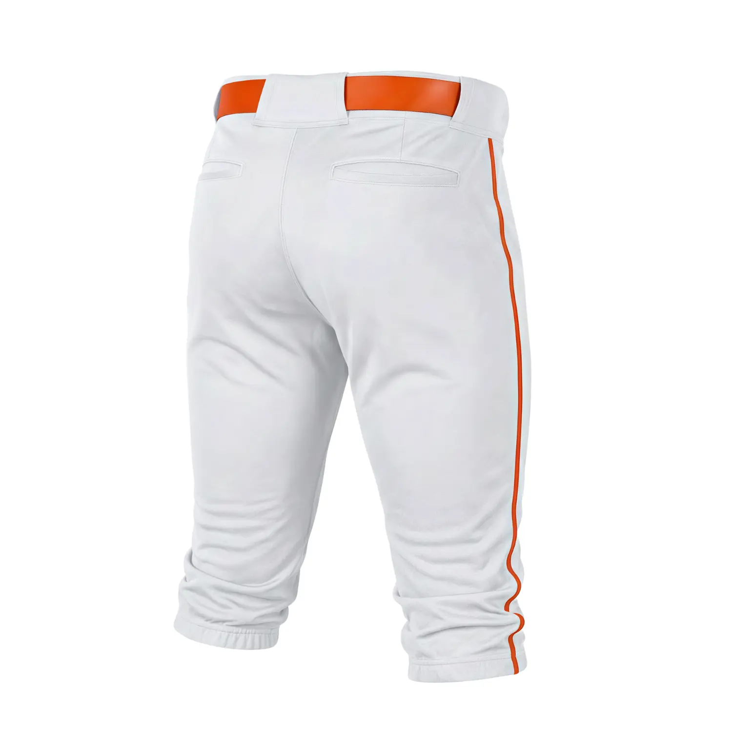 A pair of modern crop-length white baseball pants with a black contrast pocket and side piping, made from premium South Korea Silk fabric.