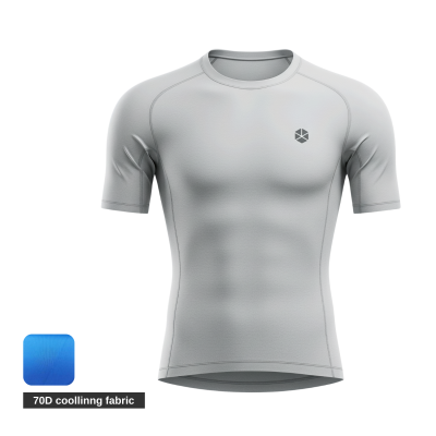 A solid color tight-fitting short sleeve compression shirt made from advanced cooling fabric, ideal as an athletic base layer.