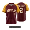 A classic full-button baseball jersey with contrast piping on the placket and sleeves, featuring embroidered team logos.