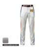 A pair of breathable grey baseball pants with a white contrast pocket, side piping, and an embroidered team logo.