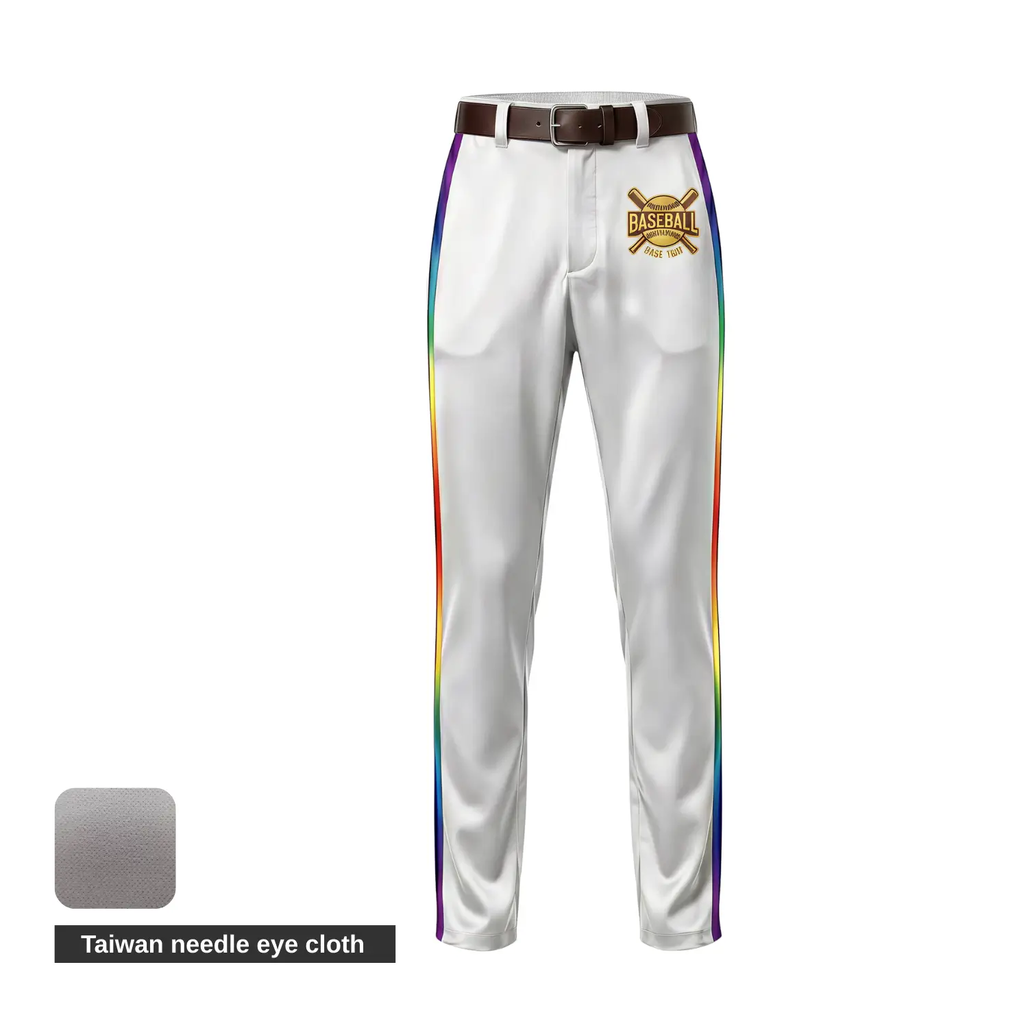 A pair of breathable grey baseball pants with a white contrast pocket, side piping, and an embroidered team logo.