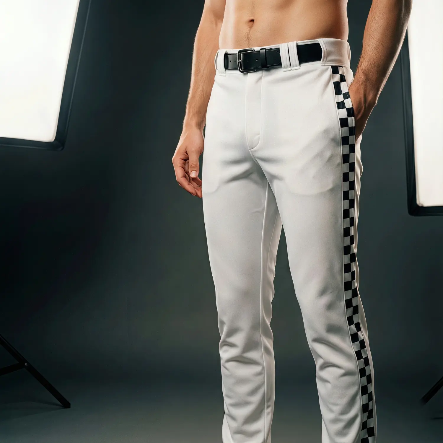 A pair of premium white baseball pants with a grey contrast pocket, side piping, and an embroidered team logo.