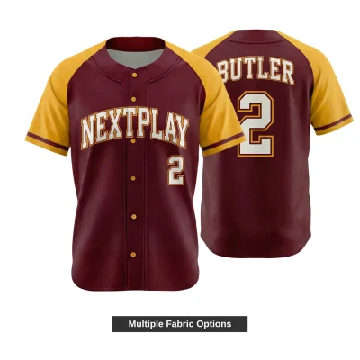 A classic full-button baseball jersey with contrast piping on the placket and sleeves, featuring embroidered team logos.