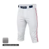 A pair of modern crop-length grey baseball pants with a white contrast pocket and side piping, made from breathable needle eye mesh.