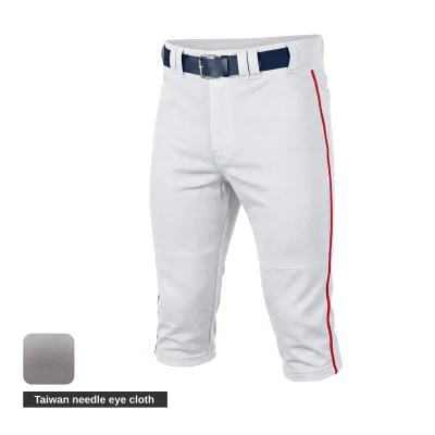A pair of modern crop-length grey baseball pants with a white contrast pocket and side piping, made from breathable needle eye mesh.