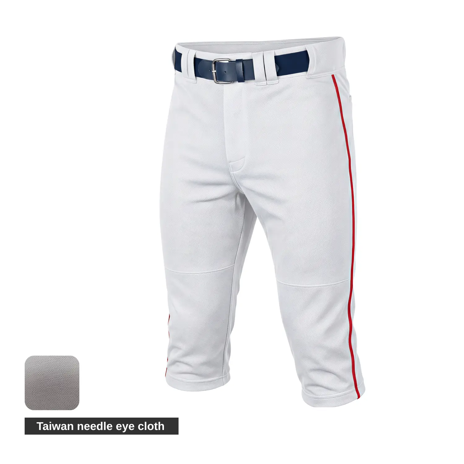 A pair of modern crop-length grey baseball pants with a white contrast pocket and side piping, made from breathable needle eye mesh.