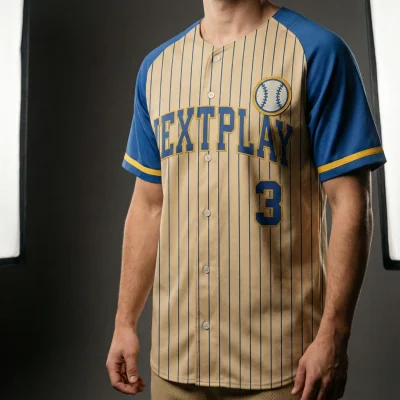A baseball jersey with a premium raised applique team logo embroidered onto breathable Bee Eyes Mesh fabric.