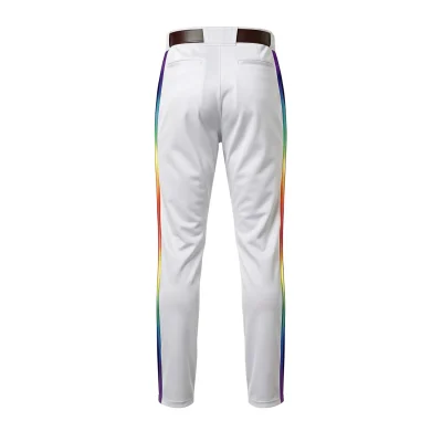A pair of premium full-length white baseball pants with contrast red piping down the sides and an embroidered team logo.
