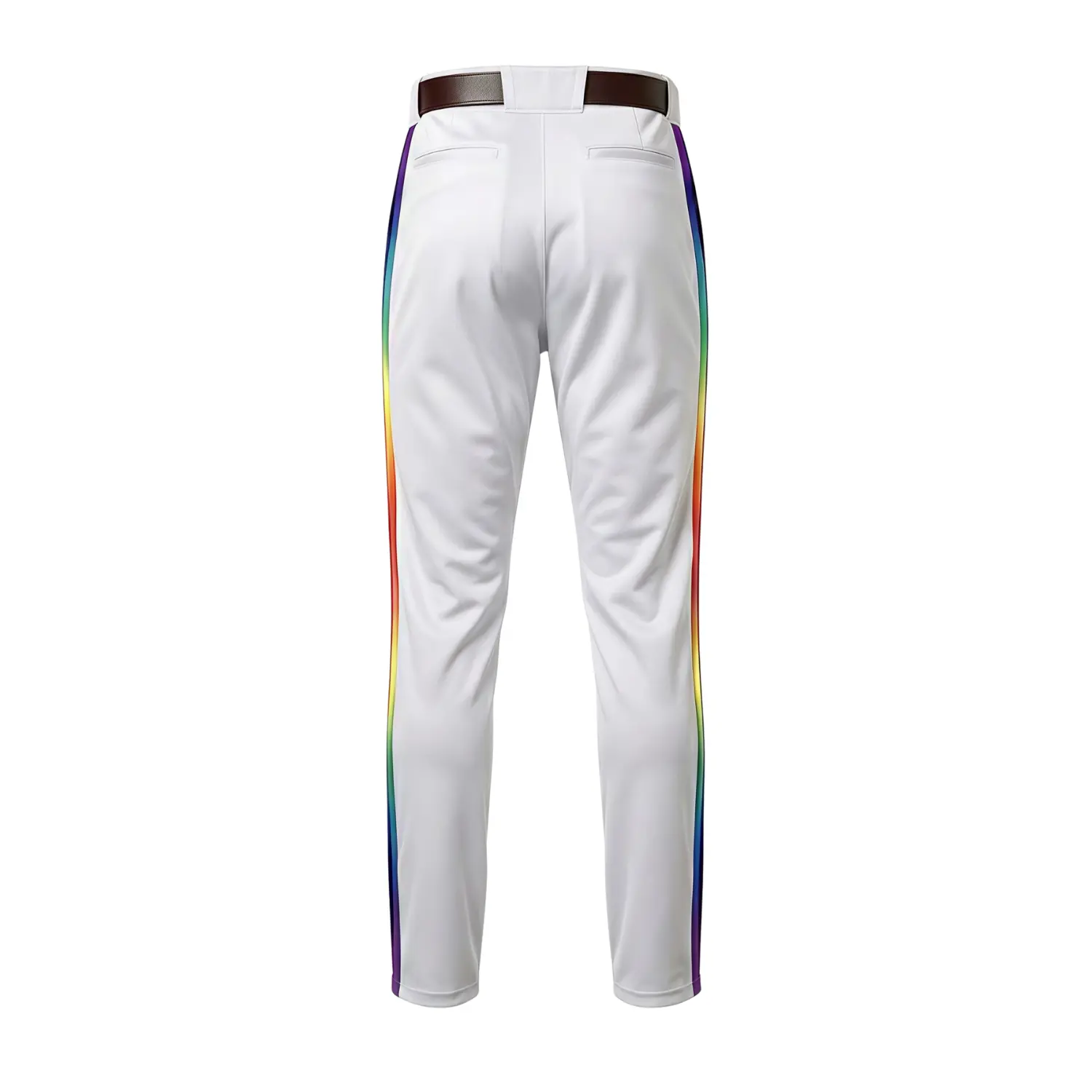 A pair of premium full-length white baseball pants with contrast red piping down the sides and an embroidered team logo.
