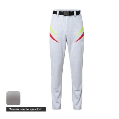 A pair of premium full-length grey baseball pants made from breathable needle eye mesh fabric with contrast side piping.