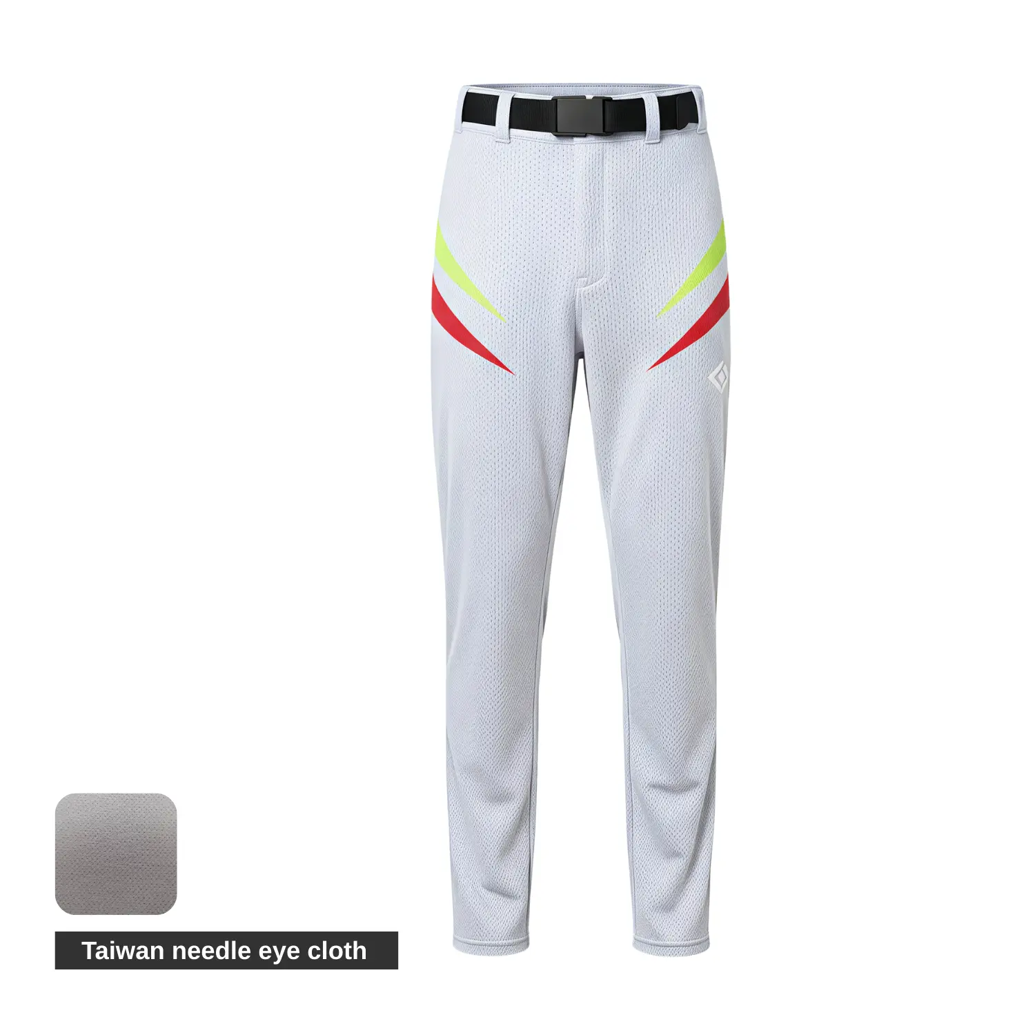 A pair of premium full-length grey baseball pants made from breathable needle eye mesh fabric with contrast side piping.