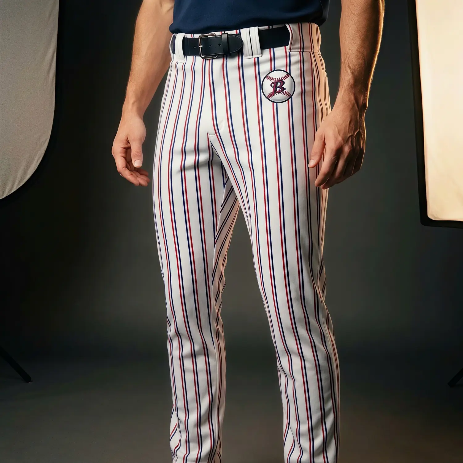 A pair of classic grey baseball pants with white vertical stripes and contrast side piping, made from premium South Korea Silk fabric.