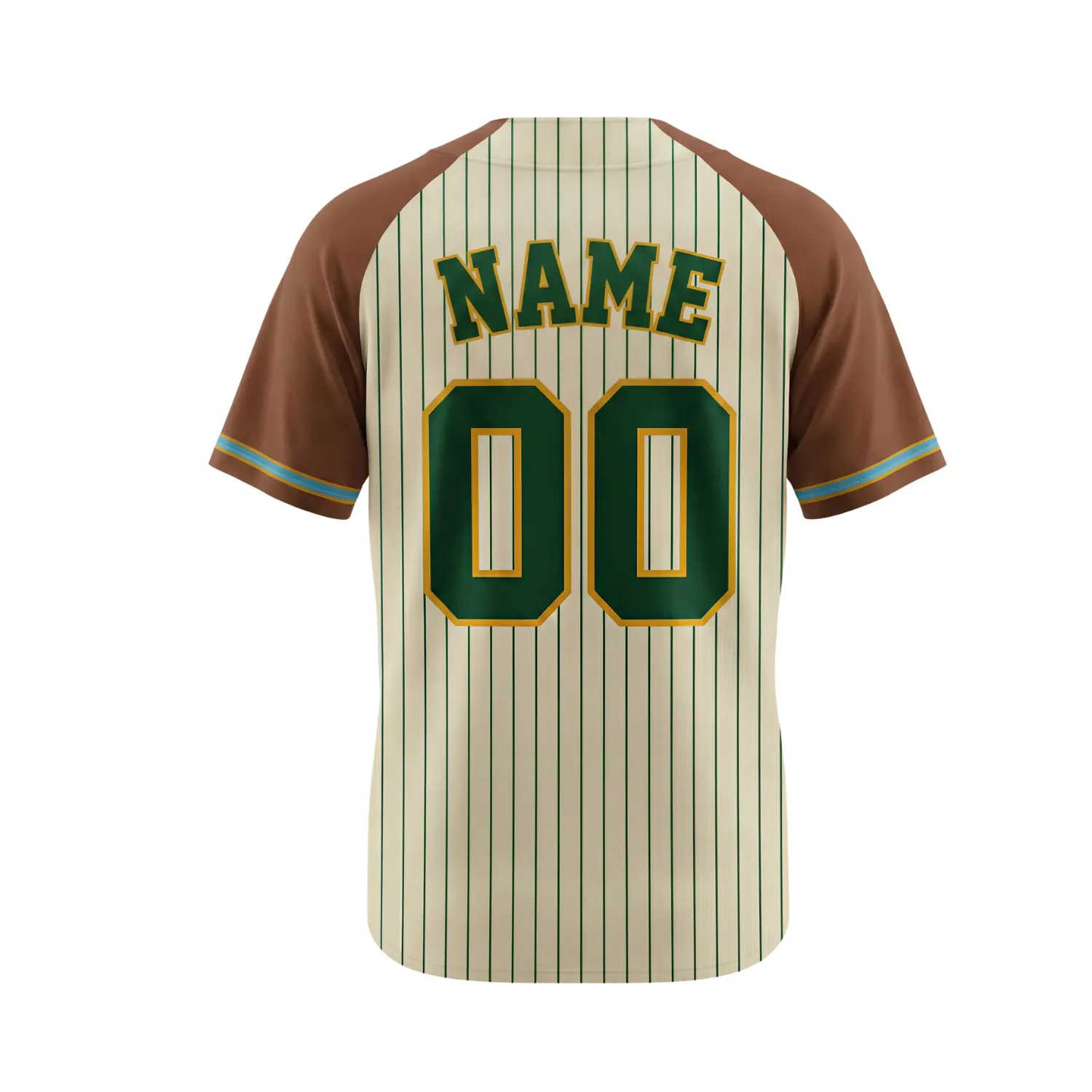 A full-button baseball jersey with vibrant sublimation and unique tackle twill embroidered player name and number on the back, customized per athlete.
