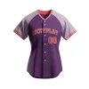 A women's full-button baseball jersey with raglan sleeves, custom sublimated with team graphics, tailored for a female athletic fit