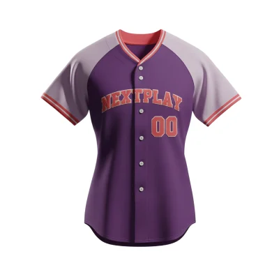 A women's full-button baseball jersey with raglan sleeves, custom sublimated with team graphics, tailored for a female athletic fit