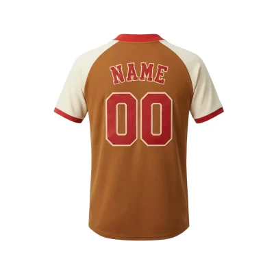 A 2-button baseball jersey with raglan sleeves, fully sublimated with team graphics on durable 200G Interlock fabric.