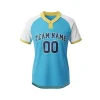 A women's 2-button baseball jersey with a stylish half-open placket and raglan sleeves, fully sublimated with team graphics.
