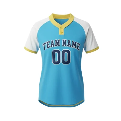 A women's 2-button baseball jersey with a stylish half-open placket and raglan sleeves, fully sublimated with team graphics.
