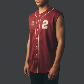 A full-button sleeveless baseball tank jersey, custom sublimated with team graphics on durable 200G Interlock fabric.