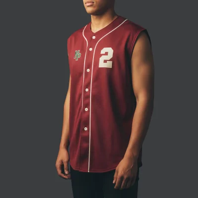 A full-button sleeveless baseball tank jersey, custom sublimated with team graphics on durable 200G Interlock fabric.