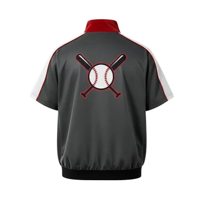 Baseball windbreaker jacket with short sleeves, a quarter zip, and an embroidered team logo on the chest