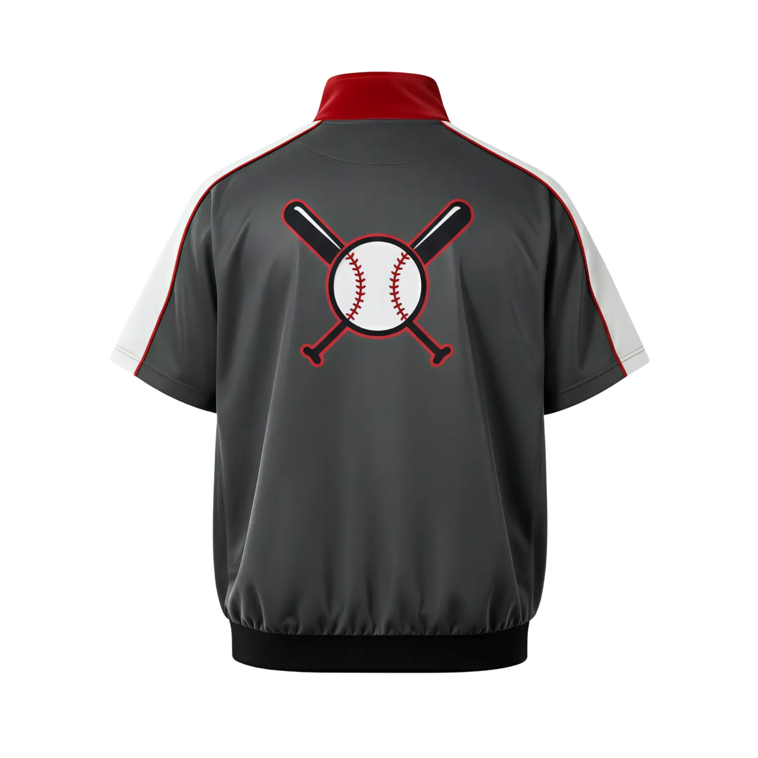 Baseball windbreaker jacket with short sleeves, a quarter zip, and an embroidered team logo on the chest