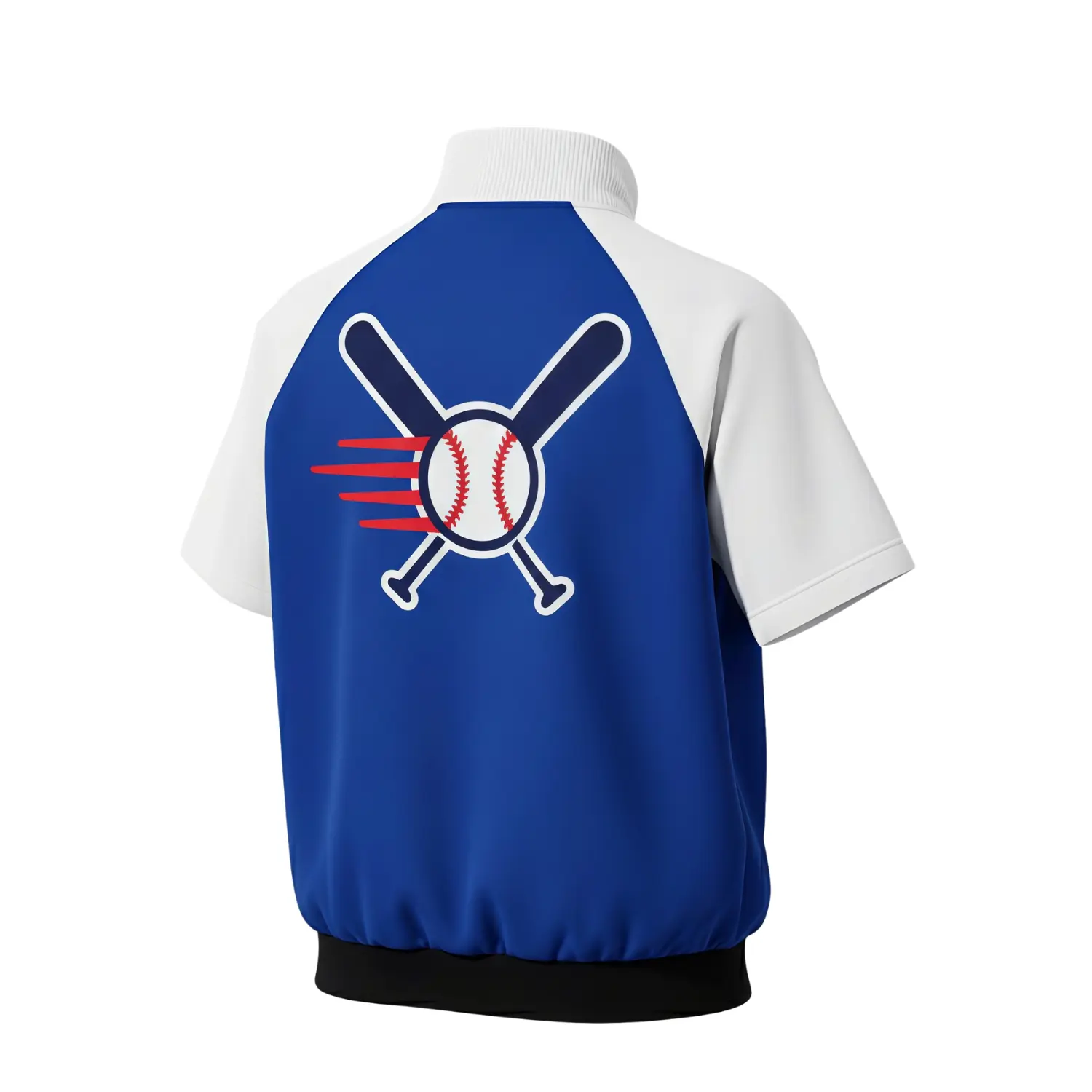 Classic oxford fabric baseball windbreaker with short sleeves, a quarter zip, ribbed collar, and chest embroidery.