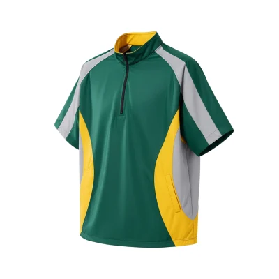 Sleek satin baseball windbreaker with short sleeves, a quarter zip, and an embroidered chest logo