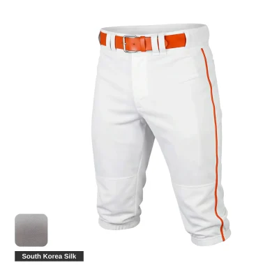 A pair of modern crop-length white baseball pants with a black contrast pocket and side piping, made from premium South Korea Silk fabric.