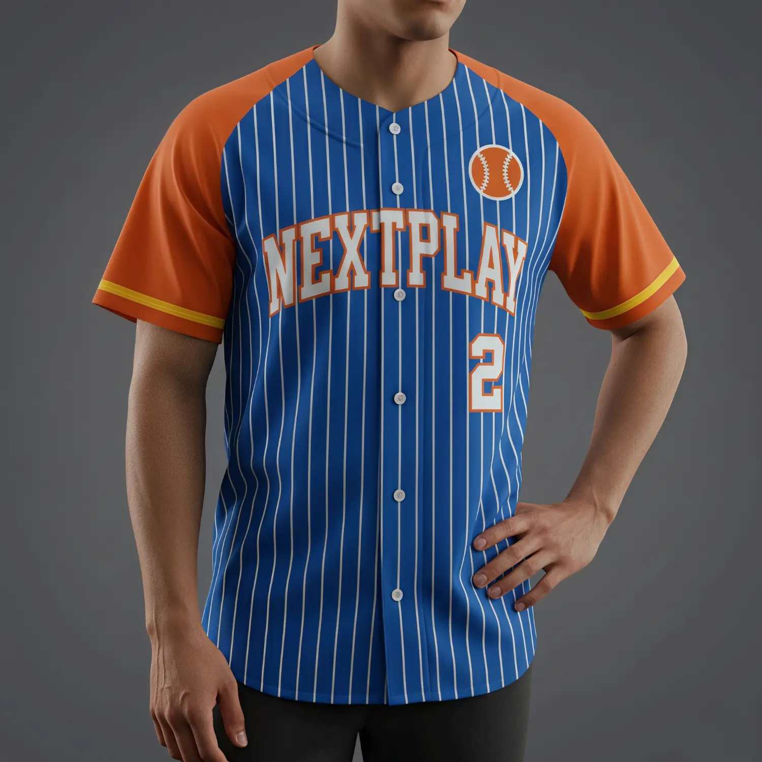A premium full-button baseball jersey featuring vibrant all-over sublimated graphics with textured embroidered logos on the chest and sleeve.